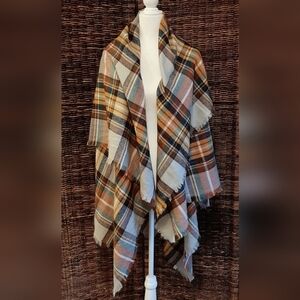 Cozy Plaid Fringe Wrap in Cream, Brown & Blue